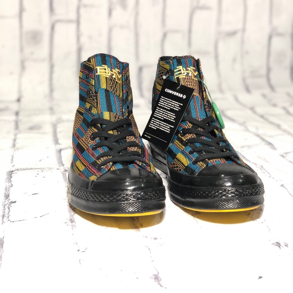 Converse High Top Sneakers in Black, Teal, Yellow and Red Pattern - Picture 2 of 5